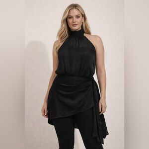 VENUS Black Silky Sheer High Neck Halter Top Tie Waist Size 20